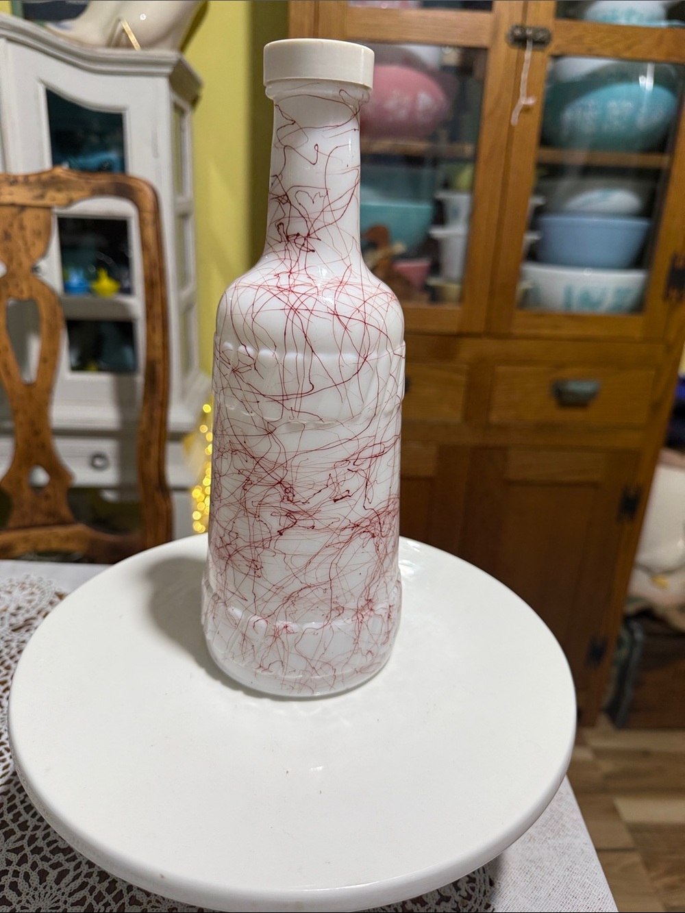 vintage Hazel Atlas white milk glass bottle spaghetti string